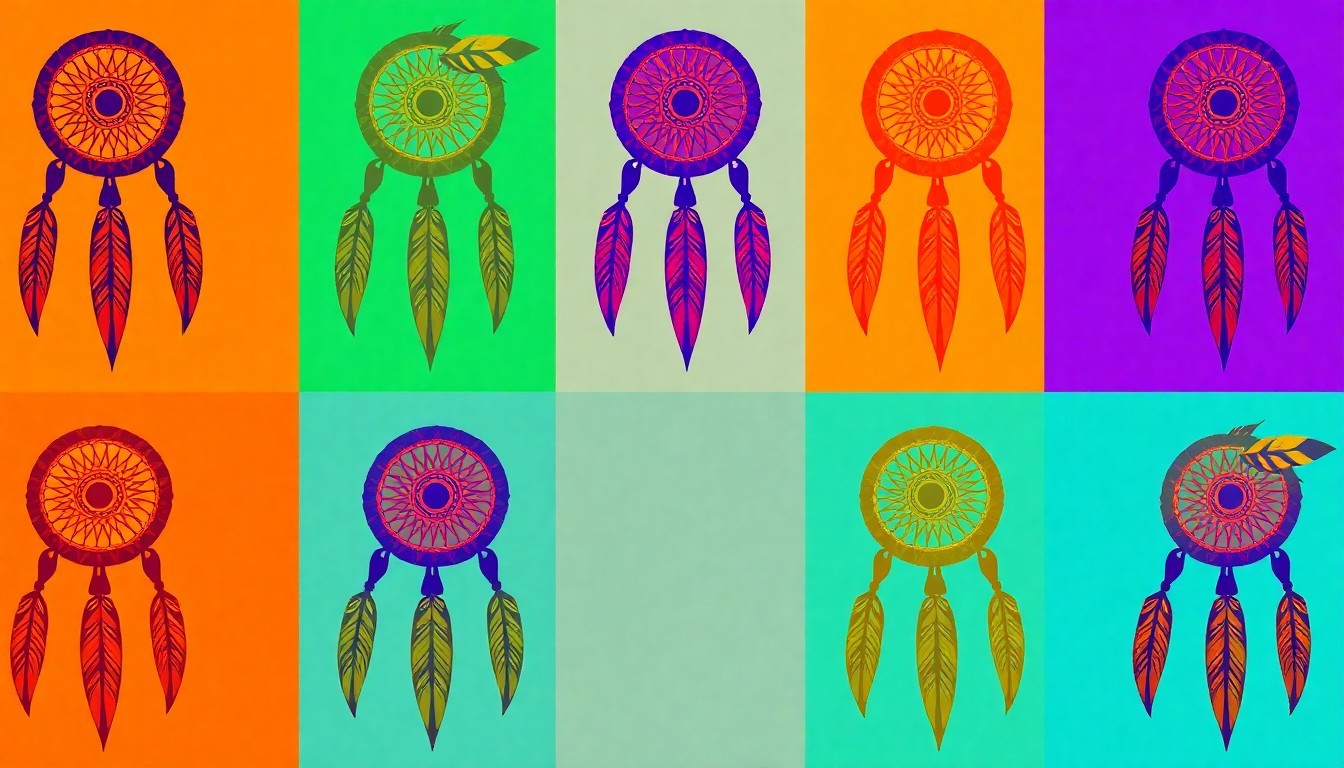 A grid of brightly colored, high-contrast silkscreen prints of a single iconic Tuscarora cultural symbol, conceptually representing the celebration of indigenous art and history in the local community.