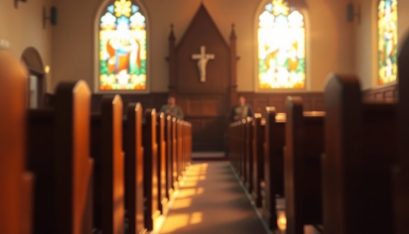An abstract, impressionistic photograph in soft, warm tones depicting the interior of a small-town church, with colorful light filtering through the stained glass windows and casting a serene, contemplative atmosphere.