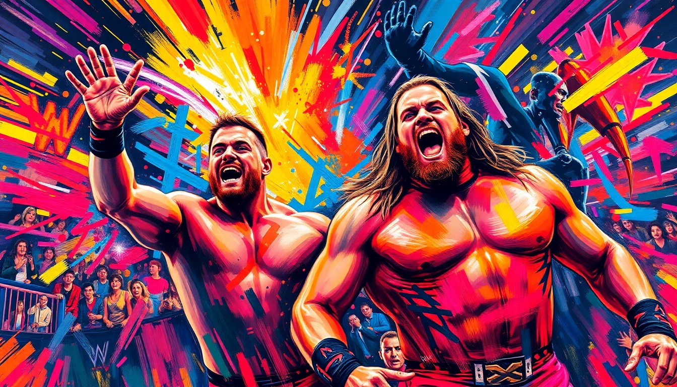 An abstract, expressionist painting featuring vibrant neon colors and dynamic brushstrokes that capture the raw excitement and energy of a WWE wrestling event, with the figures of Pat McAfee and Randy Orton emerging from the swirling background.