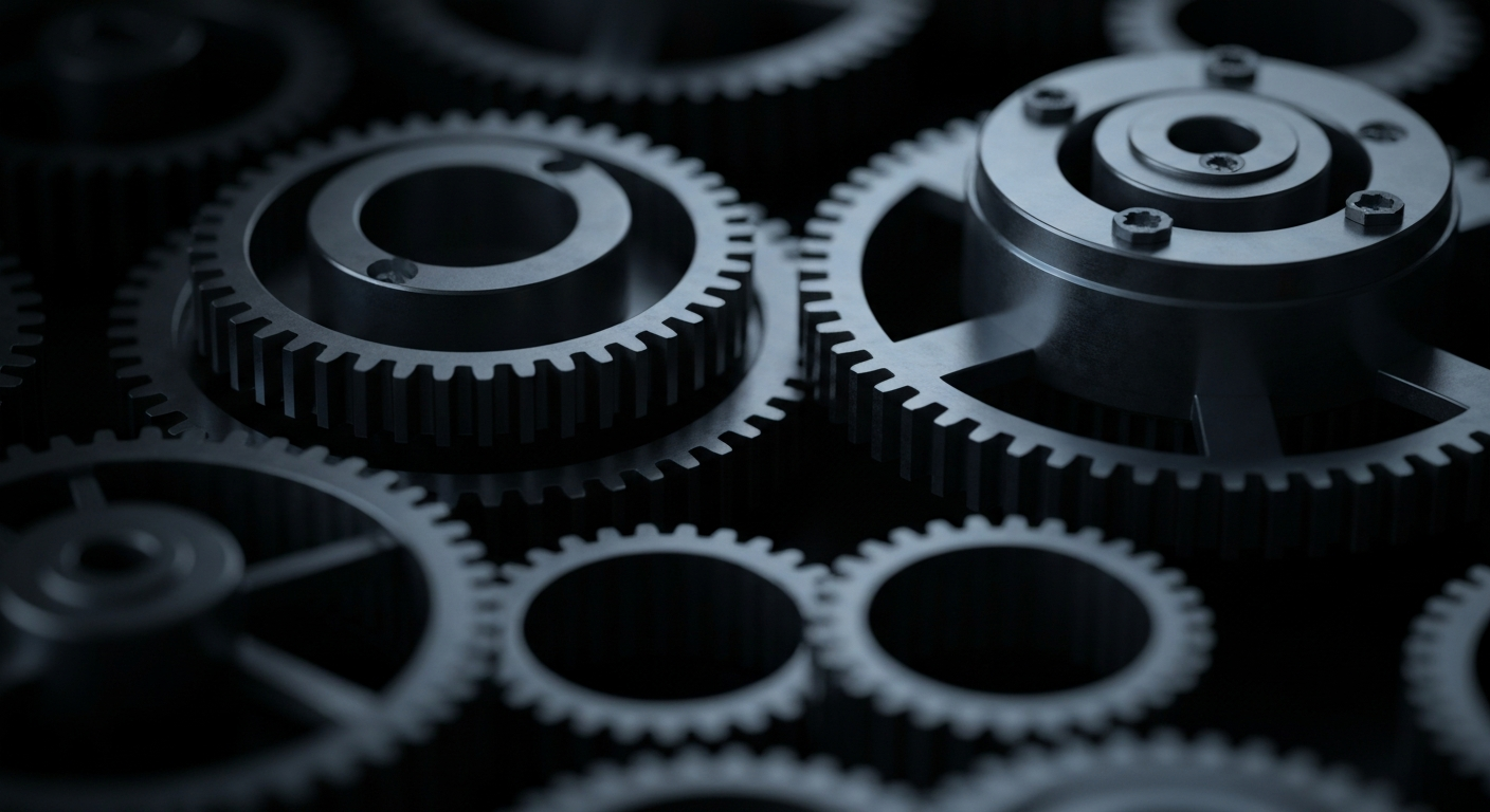 An extreme close-up of interlocking metal gears, pulleys, and levers in shades of silver, bronze, and black, conceptually representing the complex financial machinery and technological infrastructure powering Amazon's cloud computing, logistics, and retail operations.
