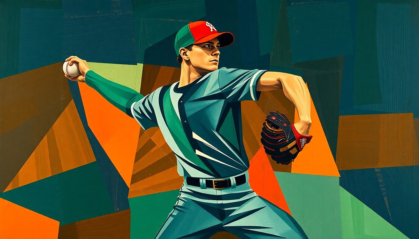 A fragmented, geometric painting depicting the motion of a baseball pitcher's delivery, with sharp planes of navy, green, and orange conveying the energy and dynamism of the sport.