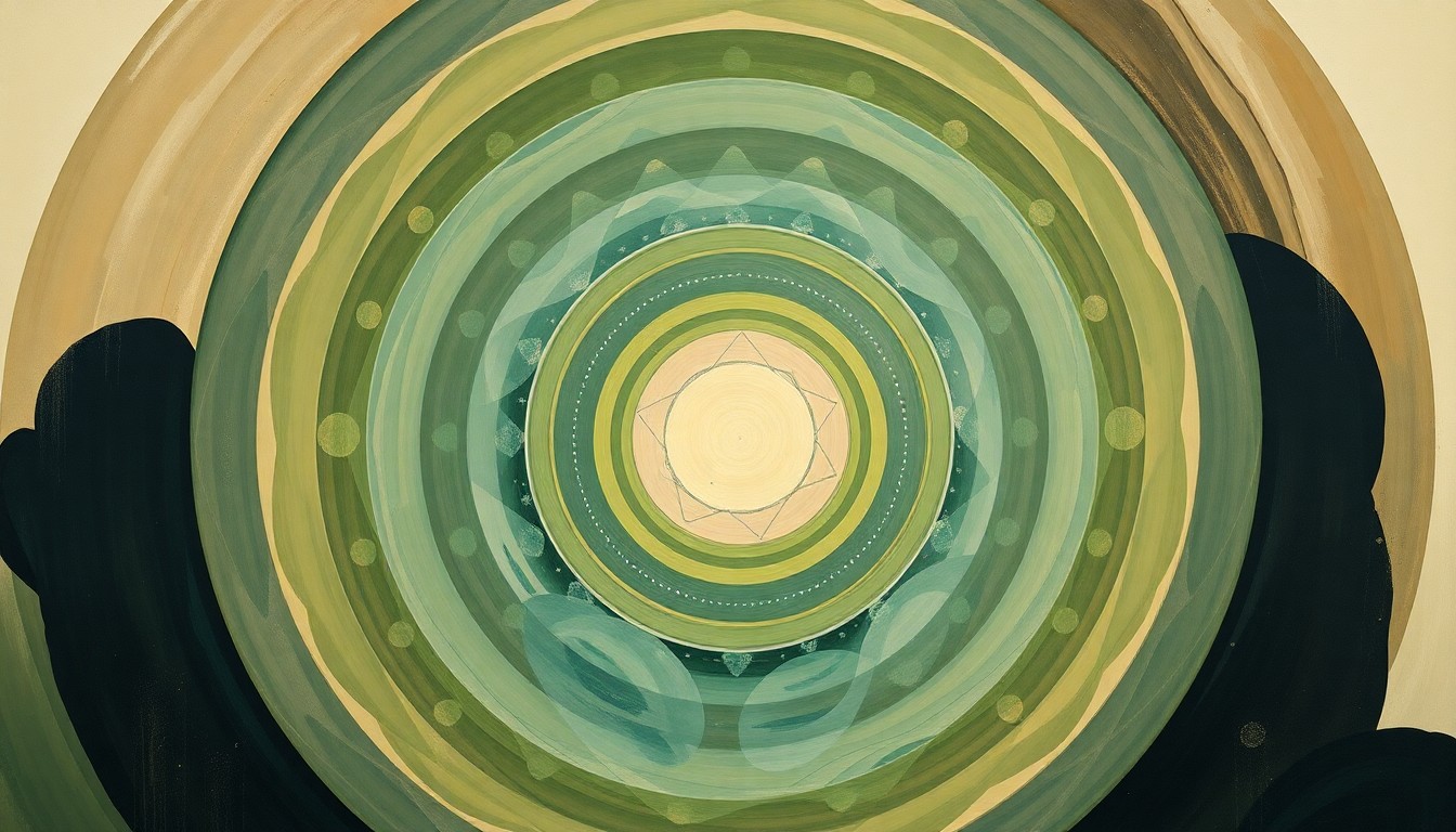 An abstract, geometric painting in earthy tones of green, brown, and blue, depicting the complex emotional and physiological forces at play in the rehabilitation of an orphaned bear cub, with sweeping arcs and intersecting waveforms conveying the delicate balance of care and independence required to restore the cub to the wild.