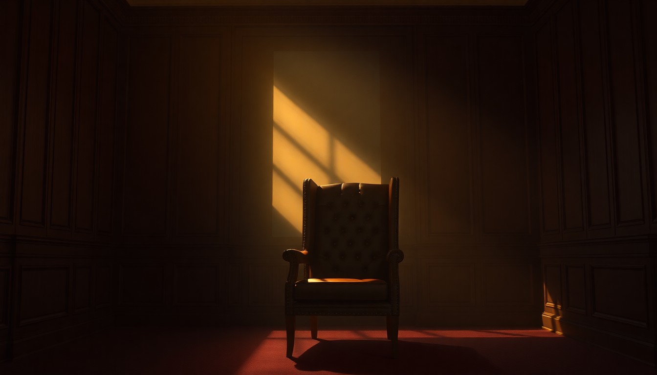 A moody, cinematic painting of a high-backed leather chair in a dimly lit, wood-paneled room, with warm, diagonal sunlight and deep shadows, conveying a sense of political power and intrigue.