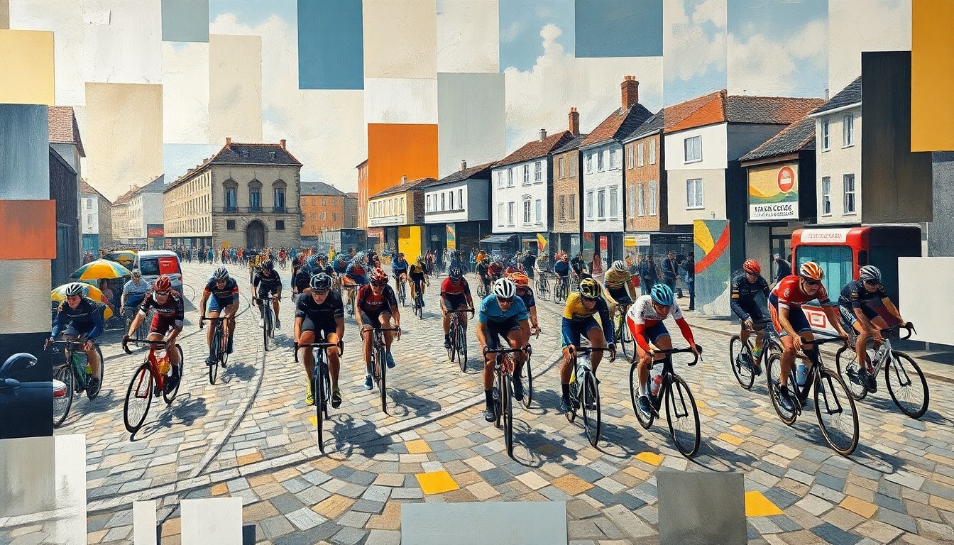 A cubist-style painting depicting the Paris-Roubaix race, with overlapping geometric shapes representing the cobblestones, bicycles, and riders in motion, conveying the chaotic and challenging nature of the event.