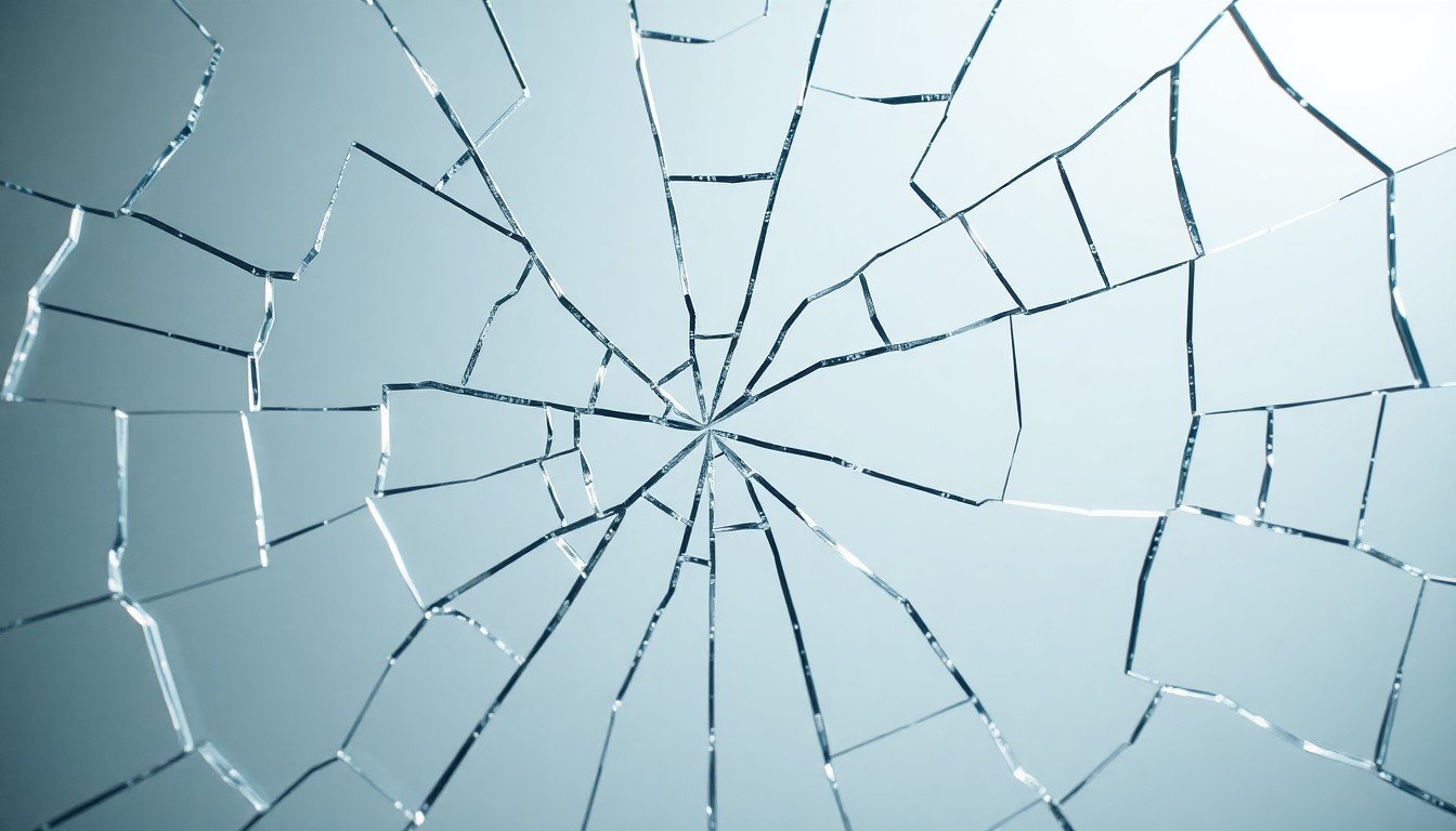 An abstract, high-contrast close-up photograph of a shattered mirror surface, reflecting a soft, diffused light, conceptually representing the fragility and resilience of the human experience.