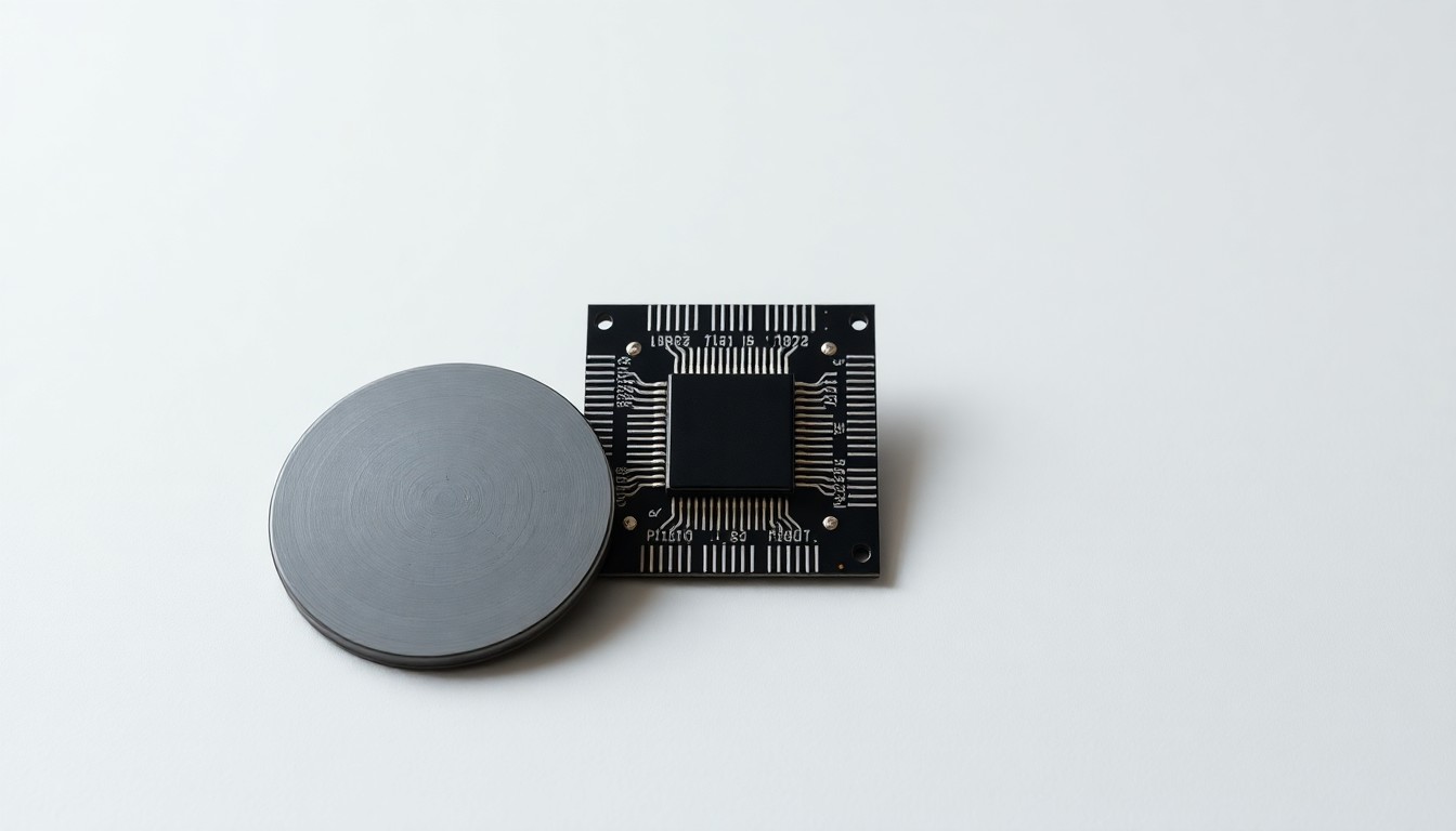 A minimalist studio still life photograph featuring a polished silicon wafer, a microchip, and a circuit board arranged elegantly on a clean, monochromatic background, conceptually representing the strategic importance and abstract complexity of the semiconductor industry.