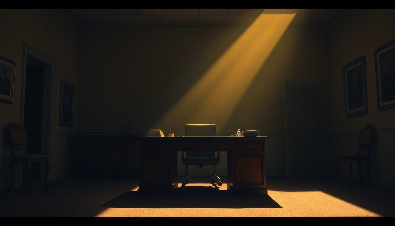 A dimly lit, cinematic painting of an empty political office desk, with warm sunlight streaming in through a window and casting deep shadows across the surface, conveying a sense of investigative melancholy and the weight of serious allegations.