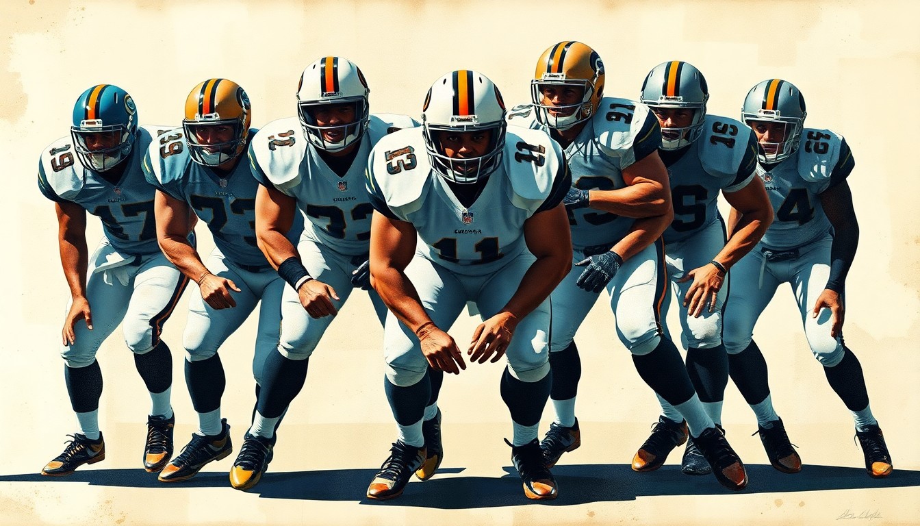 A fragmented, cubist-style painting depicting an offensive line, with the center position as the focal point of the abstract geometric shapes and planes.