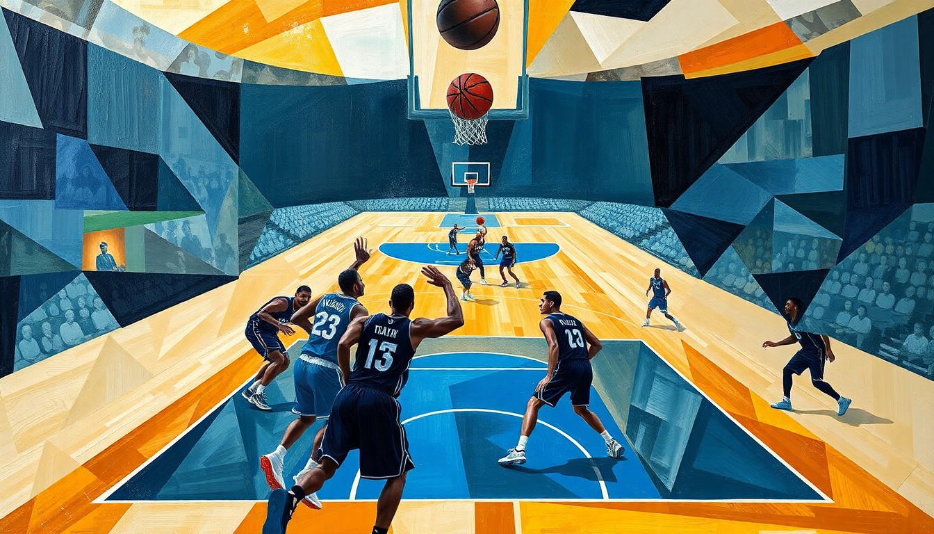 A fragmented, geometric painting depicting a basketball game, with the players' forms broken down into angular shapes and planes of vibrant color.