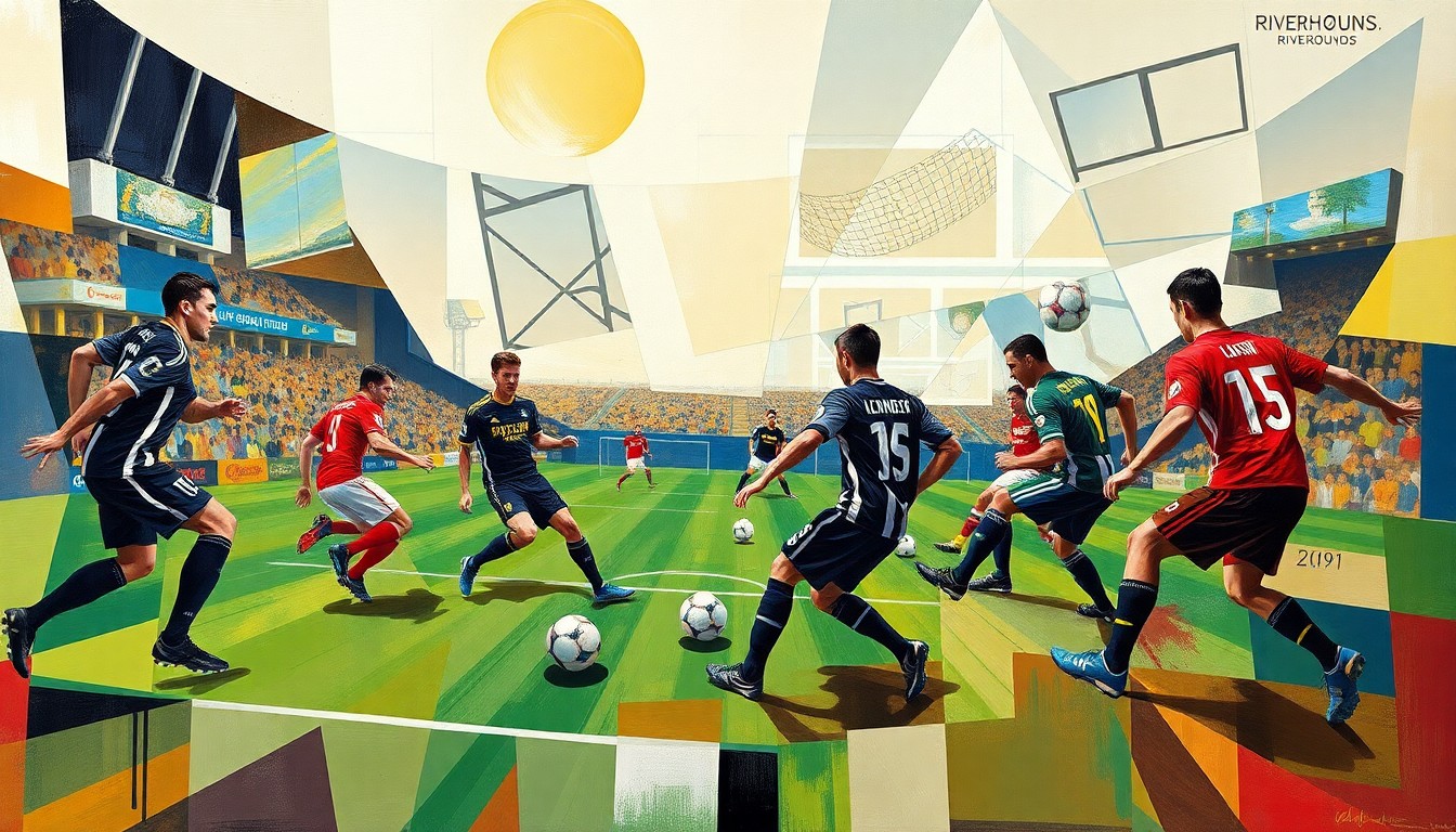 A fractured, multi-perspective painting depicting the dynamic motion and energy of a soccer match, with the players' forms abstracted into sharp, overlapping geometric planes in a cubist style.