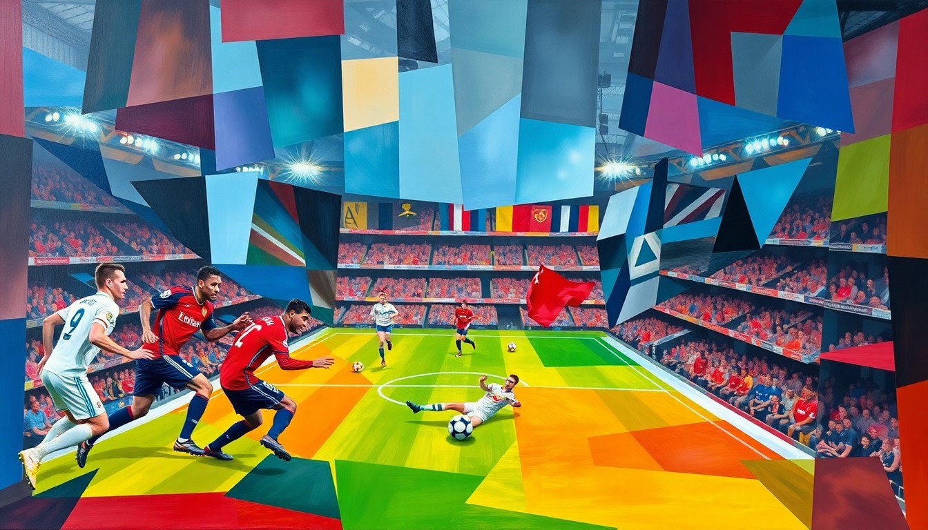 A fractured, geometric painting depicting a football match or training session, with sharp, overlapping planes of color representing the players and the action on the pitch. The visual style is inspired by the cubist works of Pablo Picasso, capturing the dynamic and multifaceted nature of the sport.