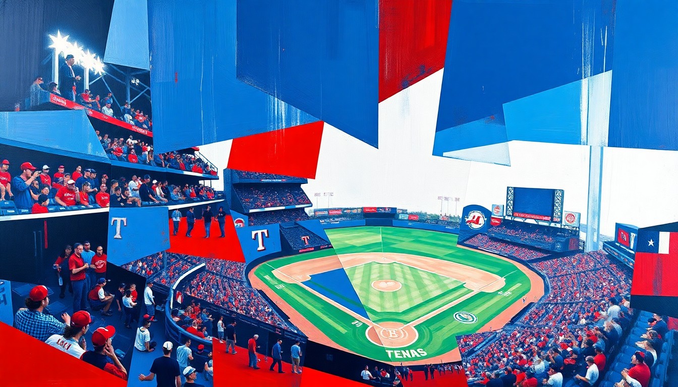 A cubist, geometric painting depicting a Texas Rangers baseball game, with sharp, overlapping planes of navy blue, red, and white, capturing the dynamic energy of the sport.