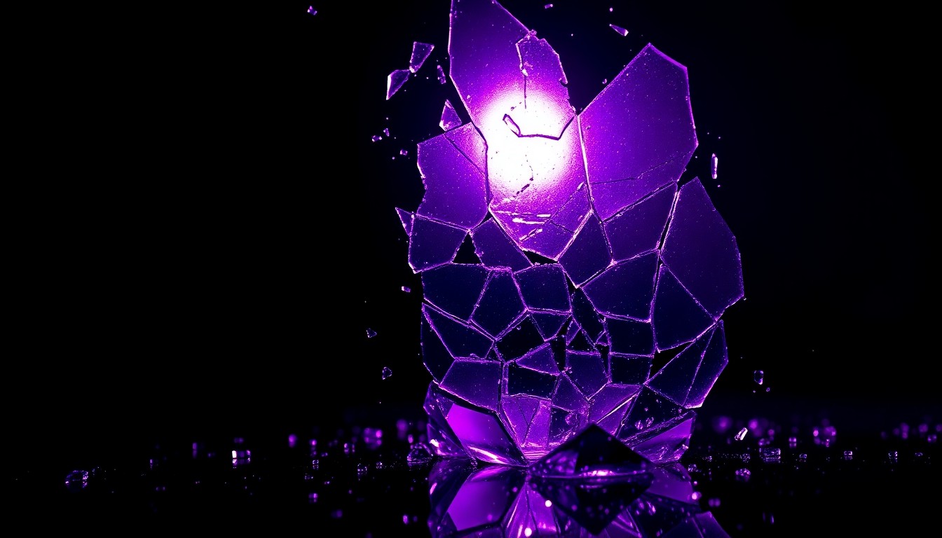 An extreme close-up of shattered purple glass reflecting a single spotlight, conveying the emotional impact and iconic status of Prince's 'Purple Rain' song.