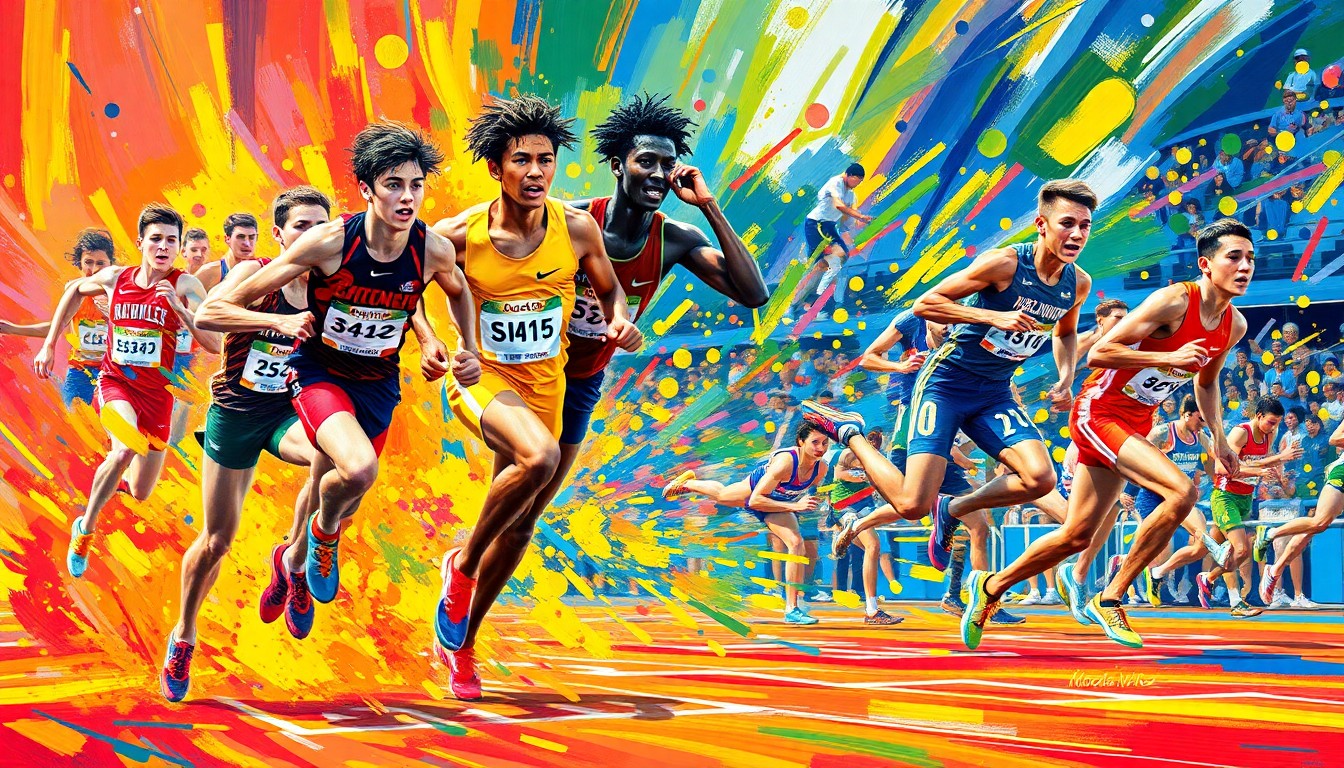 A dynamic, colorful painting with bold, expressive brushstrokes depicting the intense motion and energy of high school track and field athletes competing at a major invitational meet.