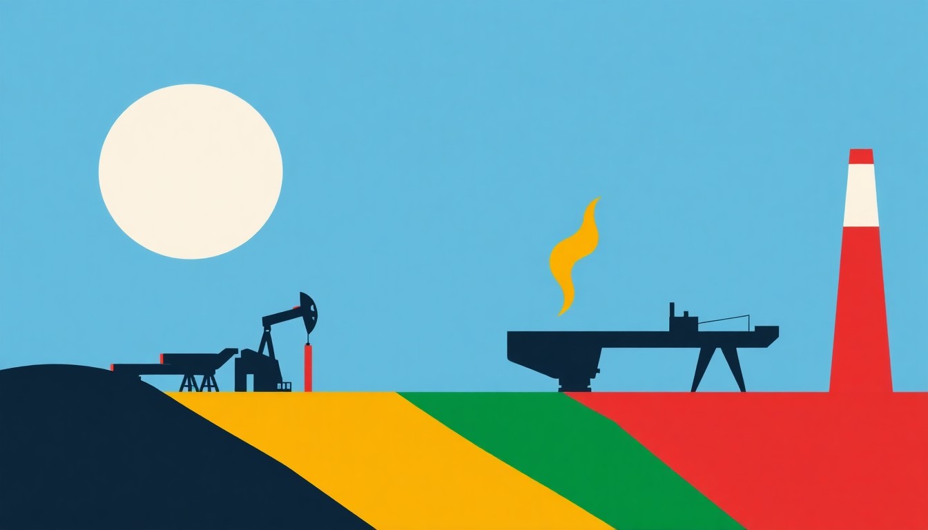 A minimalist abstract illustration using bold geometric shapes and primary colors to conceptually represent the economic disruption caused by the Iran conflict, including supply chain challenges and the threat of a prolonged downturn.