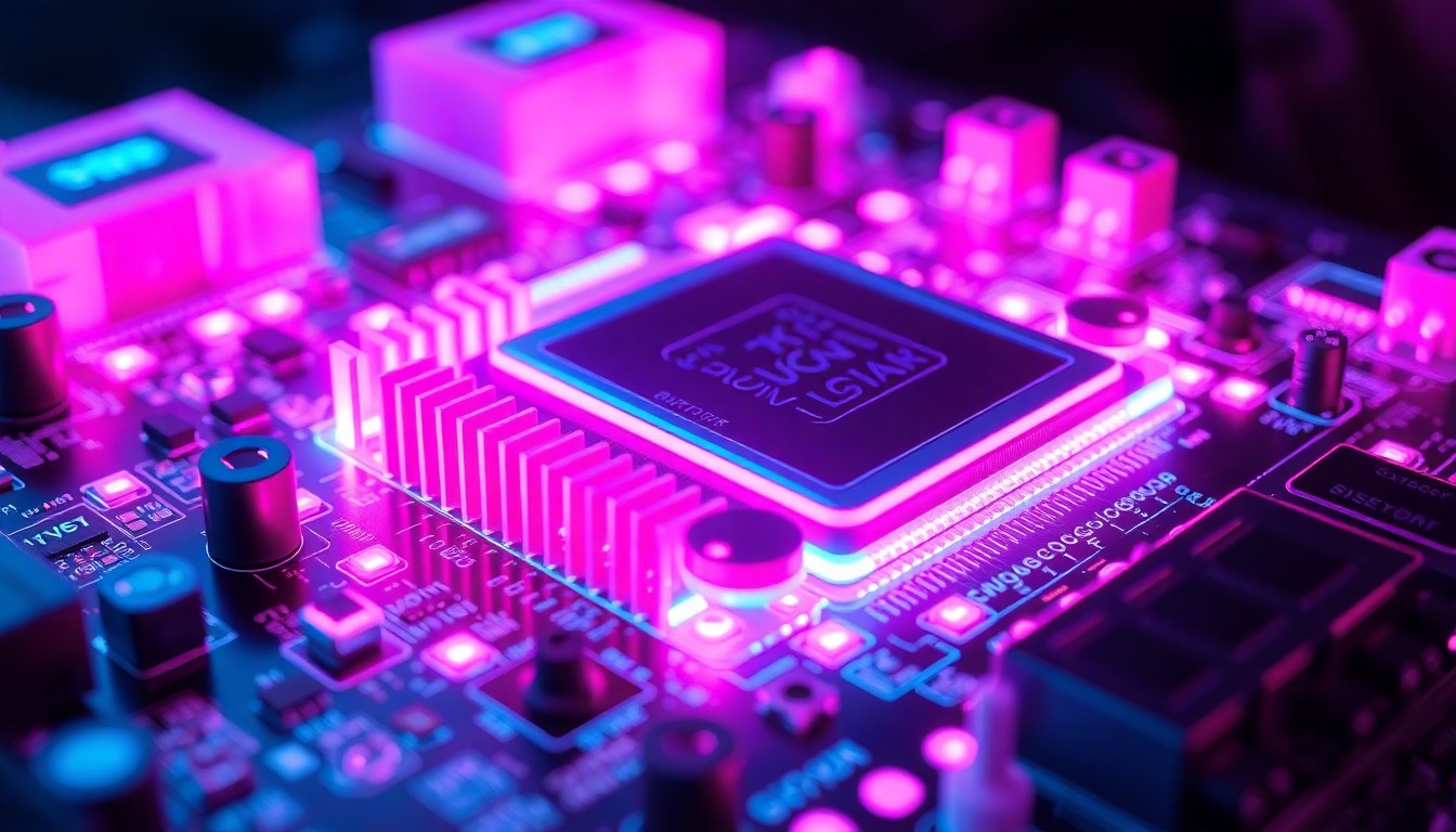 A highly detailed, glowing 3D illustration of a futuristic GPU chip or circuit board, with intricate components and traces illuminated by vibrant neon lights, conveying a sense of technological advancement and innovation in the PC gaming hardware space.