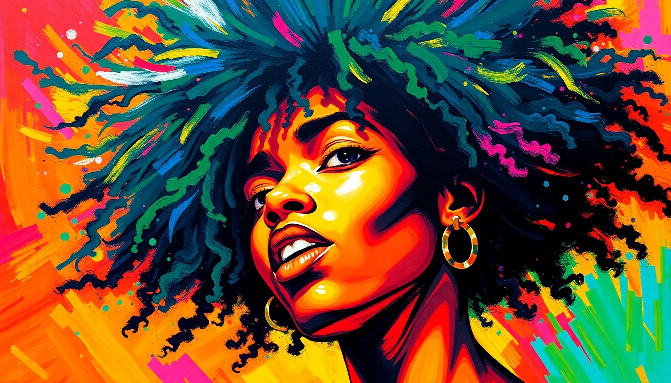 An abstract, expressionist painting in vibrant neon colors, capturing the raw energy and cultural significance of Coco Gauff's natural hair. The brushstrokes dissolve any recognizable forms, creating a visually striking and emotionally charged illustration.