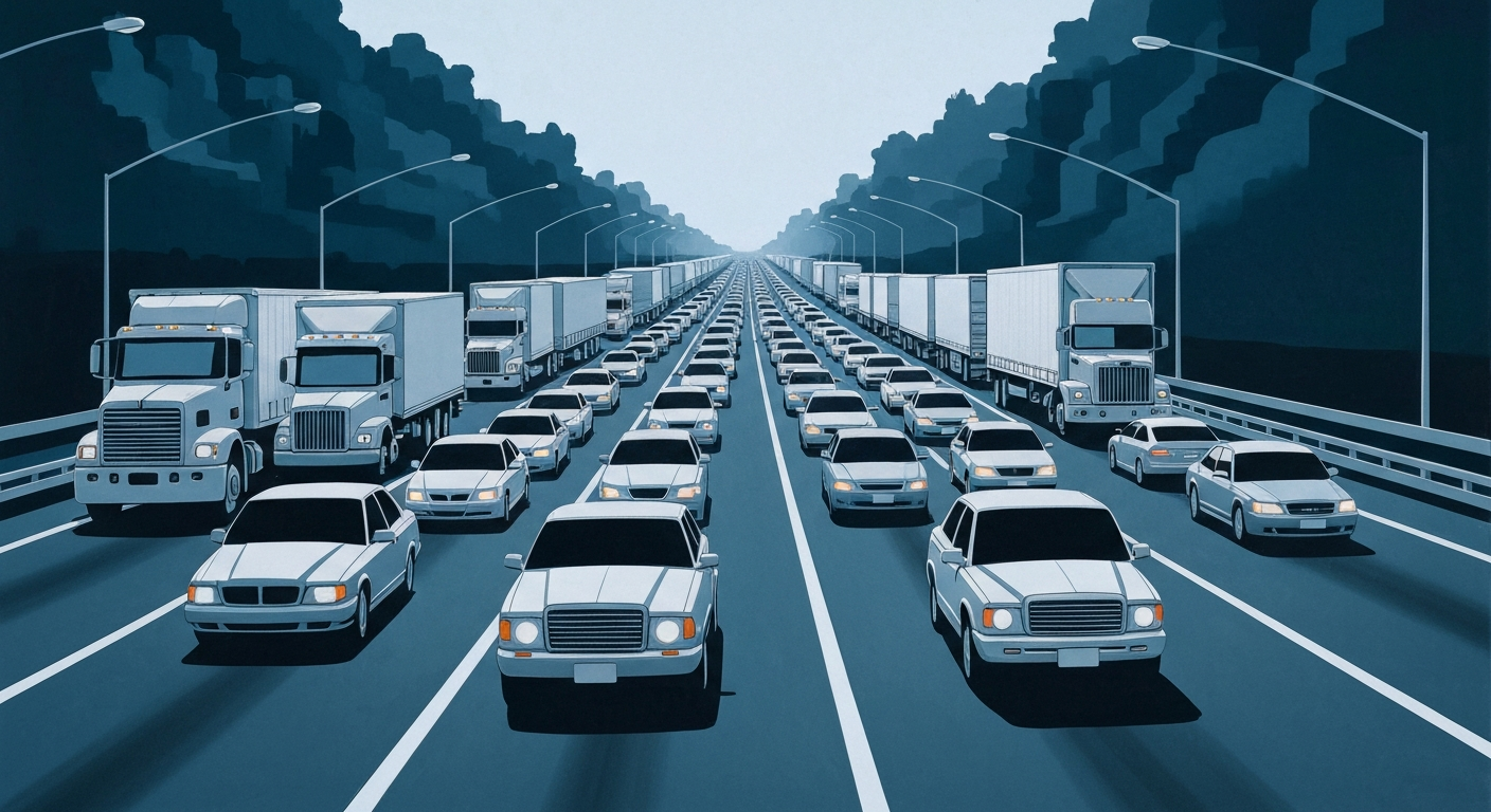 A bold, geometric illustration in shades of blue and gray depicting the sweeping scale of a major highway traffic jam, capturing the sense of motion and congestion without any literal depiction of people, vehicles, or text.