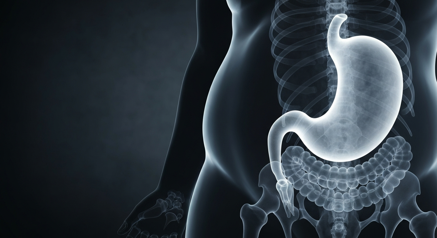 A ghostly, translucent X-ray photograph revealing the internal structure of a human stomach and digestive system, set against a dark background, conceptually representing the nuanced biological and psychological factors involved in weight loss.