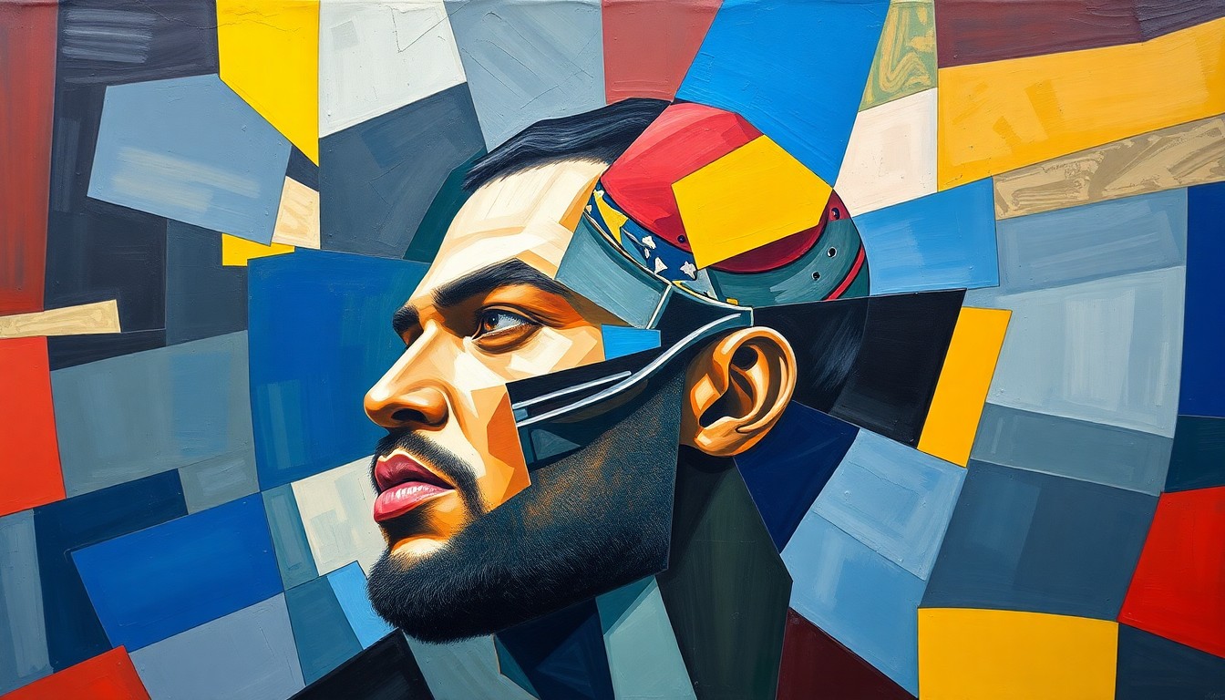 A cubist-style painting depicting a football player's arrest, with sharp, overlapping geometric shapes and planes representing the complex pressures and challenges of life in the spotlight.