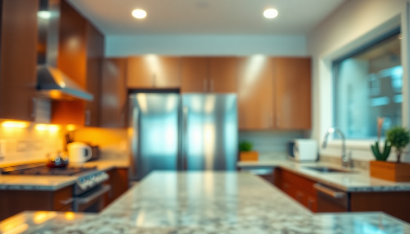 An extremely abstracted, out-of-focus photograph of a modern kitchen interior, with warm pools of light and color reflecting off stainless steel appliances and granite countertops, conceptually representing the premium amenities and lifestyle of a luxury rental property.