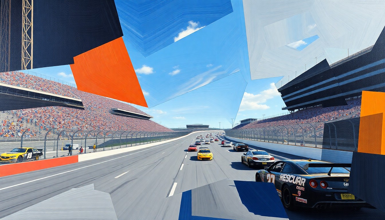 A vibrant, cubist-style painting depicting a NASCAR race at Bristol Motor Speedway, with the cars and track broken down into overlapping geometric shapes and planes of color, conveying the speed and intensity of the competition.
