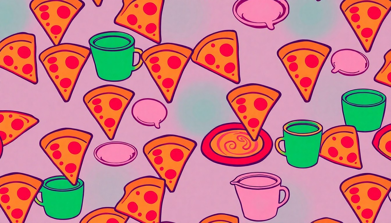 A high-contrast silkscreen print featuring a repeating grid of a single Italian food item, such as a pizza slice or pasta dish, rendered in a neon color palette with heavy black outlines, creating a modern pop art interpretation of traditional Italian cuisine.