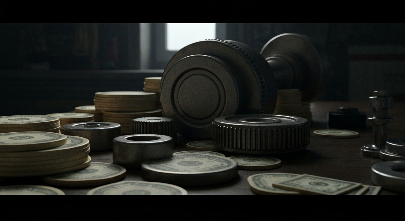 An extreme close-up of a bank vault door, its intricate mechanisms and heavy steel construction capturing the tangible power and security of the financial industry in a cinematic, wordless image.