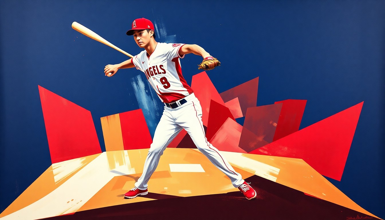 A cubist, geometric painting depicting Shohei Ohtani's pitching motion and batting stance broken down into overlapping, angular shapes in vibrant red, white, and navy blue colors, capturing the duality and fluidity of his two-way play.