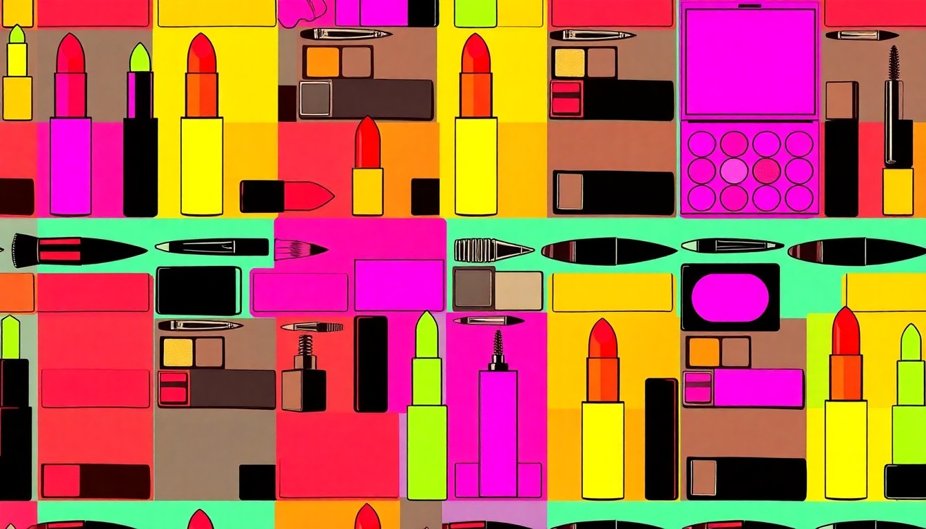 A vibrant, high-contrast silkscreen print featuring a repeated pattern of a single iconic beauty product, such as a lipstick or eyeshadow palette, in a grid of neon colors and heavy black outlines, conceptually representing the empowering and creative beauty trends from New York Fashion Week.