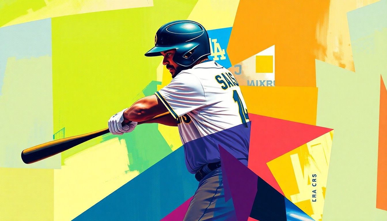 A cubist, multi-perspective painting depicting the baseball swing and statistics of Fernando Tatis Jr., with sharp, overlapping geometric planes in the colors of the San Diego Padres and Los Angeles Dodgers uniforms.
