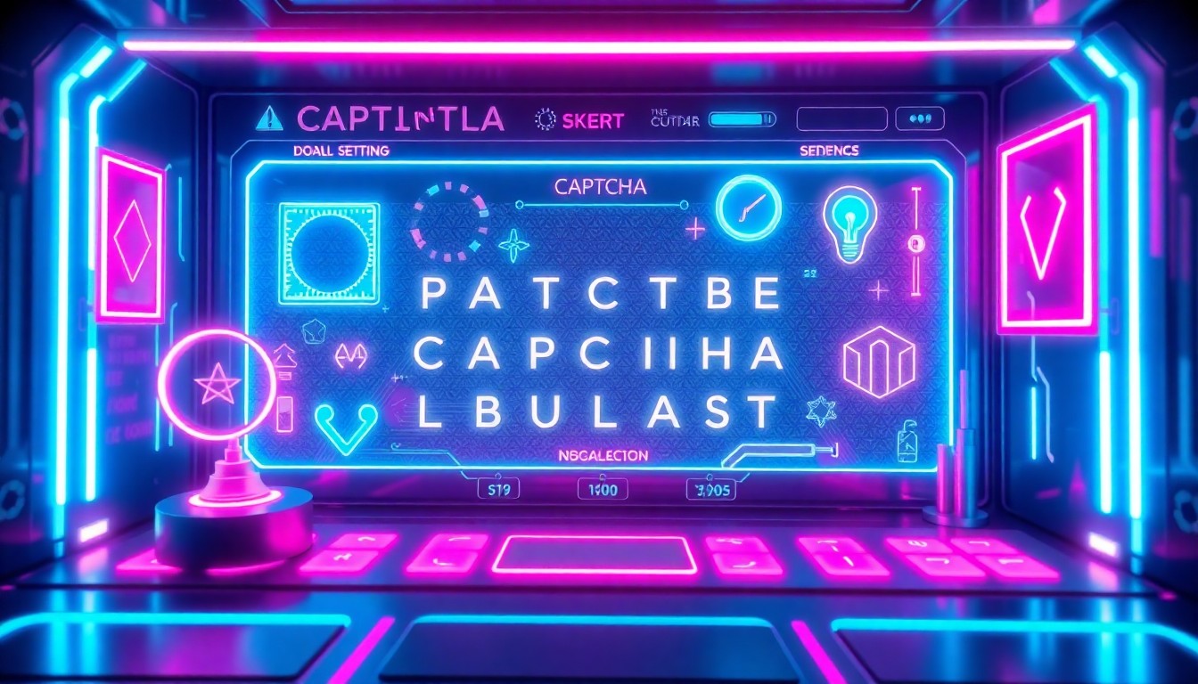 A visually striking 3D illustration featuring a futuristic captcha interface with glowing neon lights, abstract shapes, and interactive digital elements, conceptually representing the blending of online verification and fast-paced gameplay.