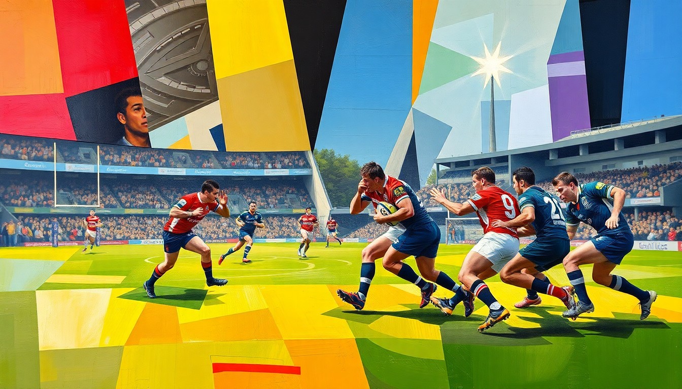 A fractured, geometric painting depicting the intense action and movement of a rugby league match, with the players' forms broken down into sharp, overlapping planes of color and shape, conveying the tenacity and determination of the undermanned Bradford Bulls team.