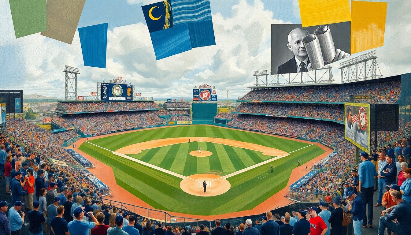 A cubist-style painting featuring overlapping geometric shapes and planes in shades of blue, green, and orange, representing the various roles and contributions of unsung players on a baseball team.