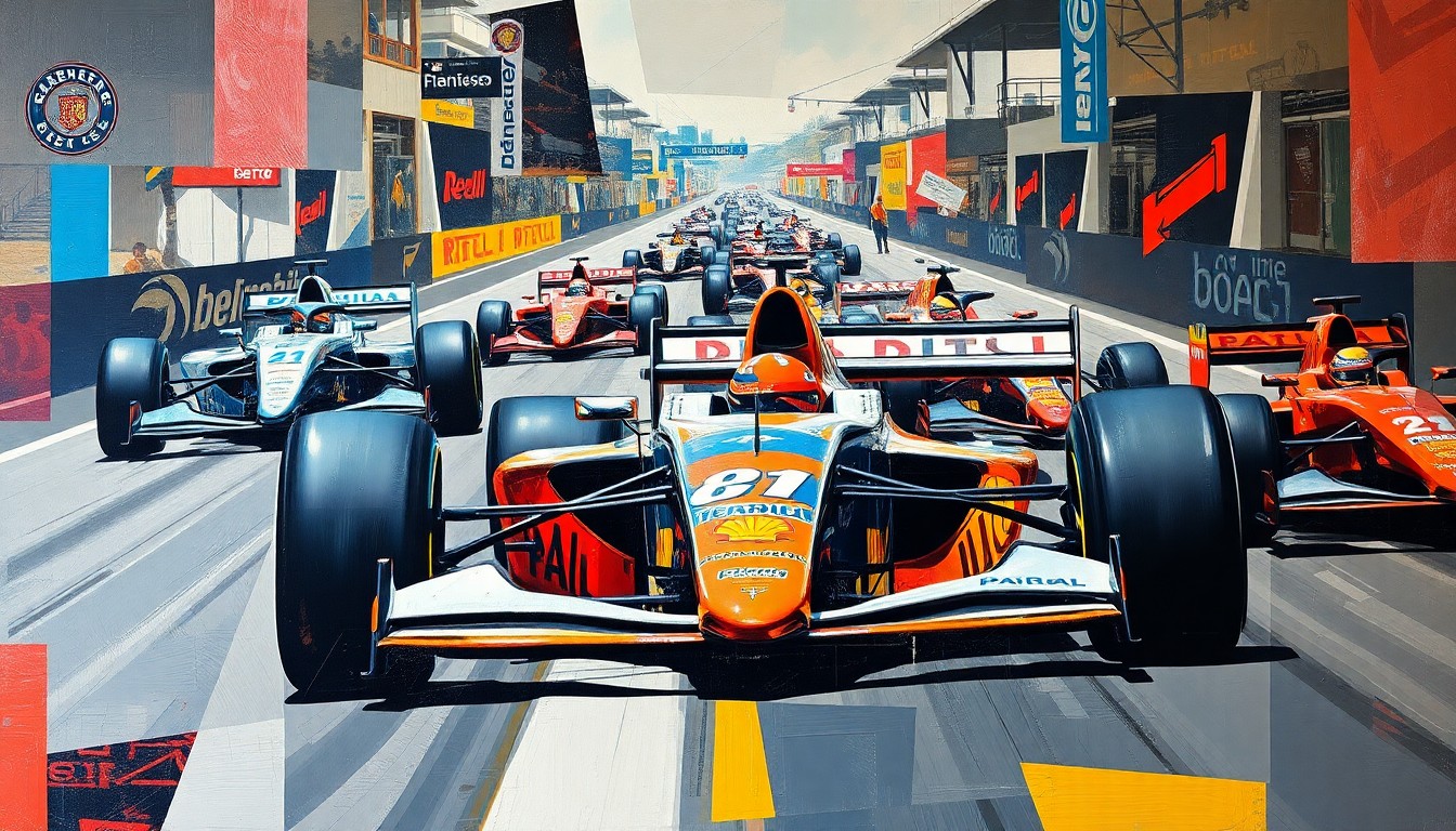 A cubist, geometric painting depicting a fractured, multi-perspective scene of a Formula 1 race, with the cars and drivers broken down into abstract shapes and forms, capturing the raw energy and dynamism of the sport.