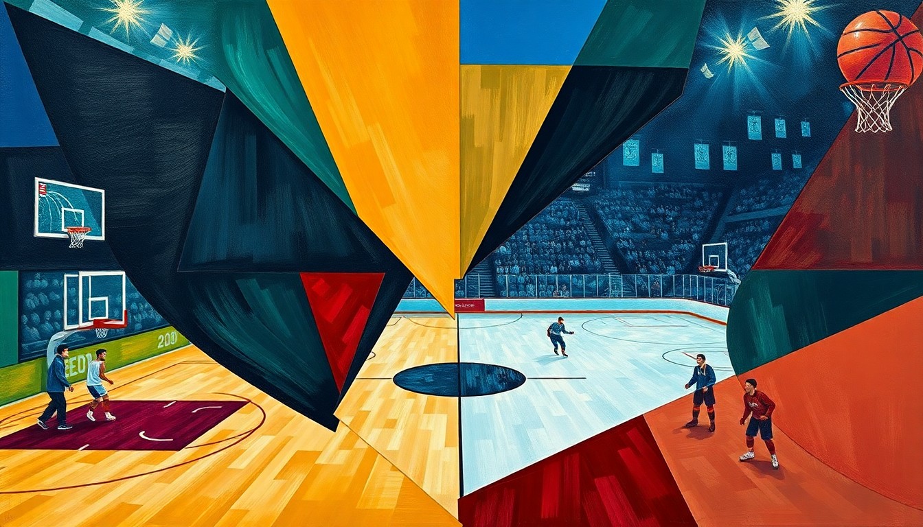 A cubist, geometric painting depicting the abstracted shapes of a basketball court and ice hockey rink, with intersecting planes of deep blue, green, and red colors representing the legal conflict between the Dallas Mavericks and Dallas Stars.