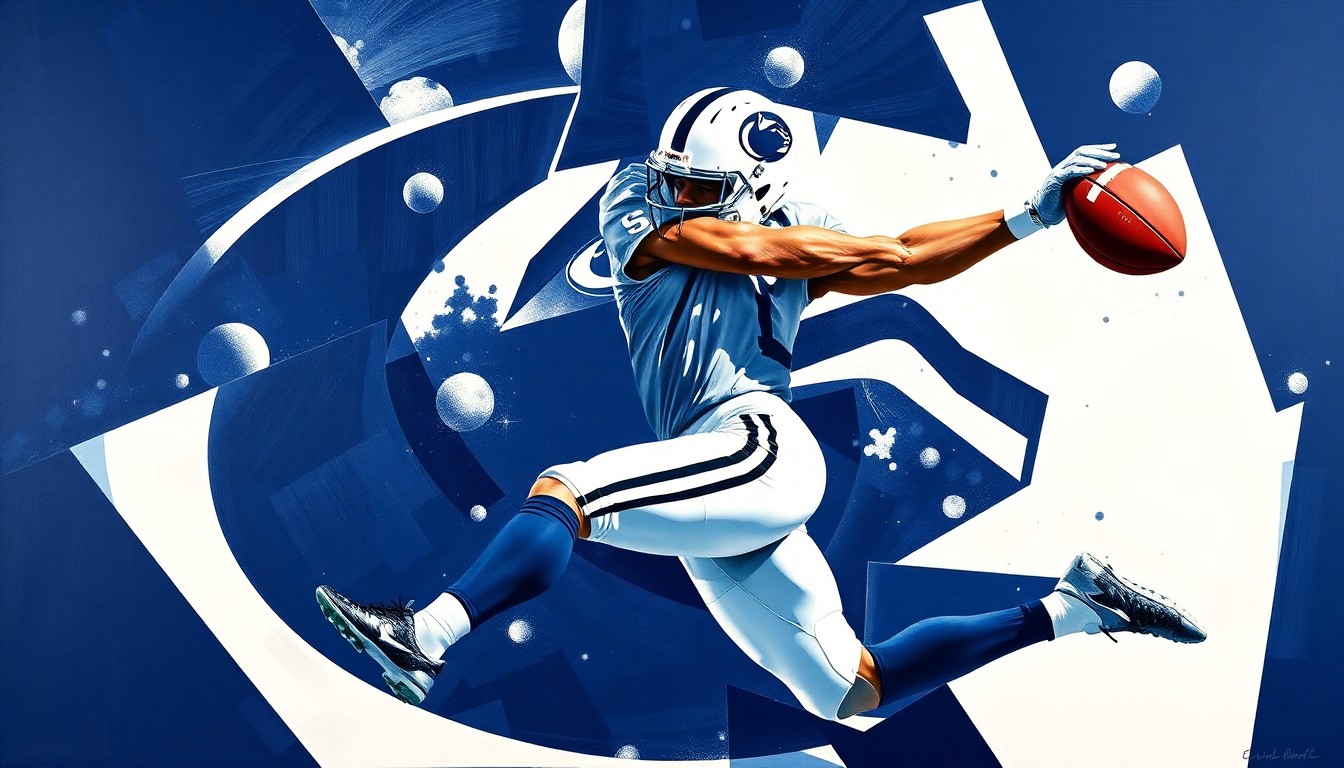 A cubist-style painting depicting a Penn State football player in mid-catch, with the player's body and the ball broken down into sharp, overlapping geometric shapes in the team's navy blue and white colors, conveying the dynamic, multi-faceted nature of the sport.