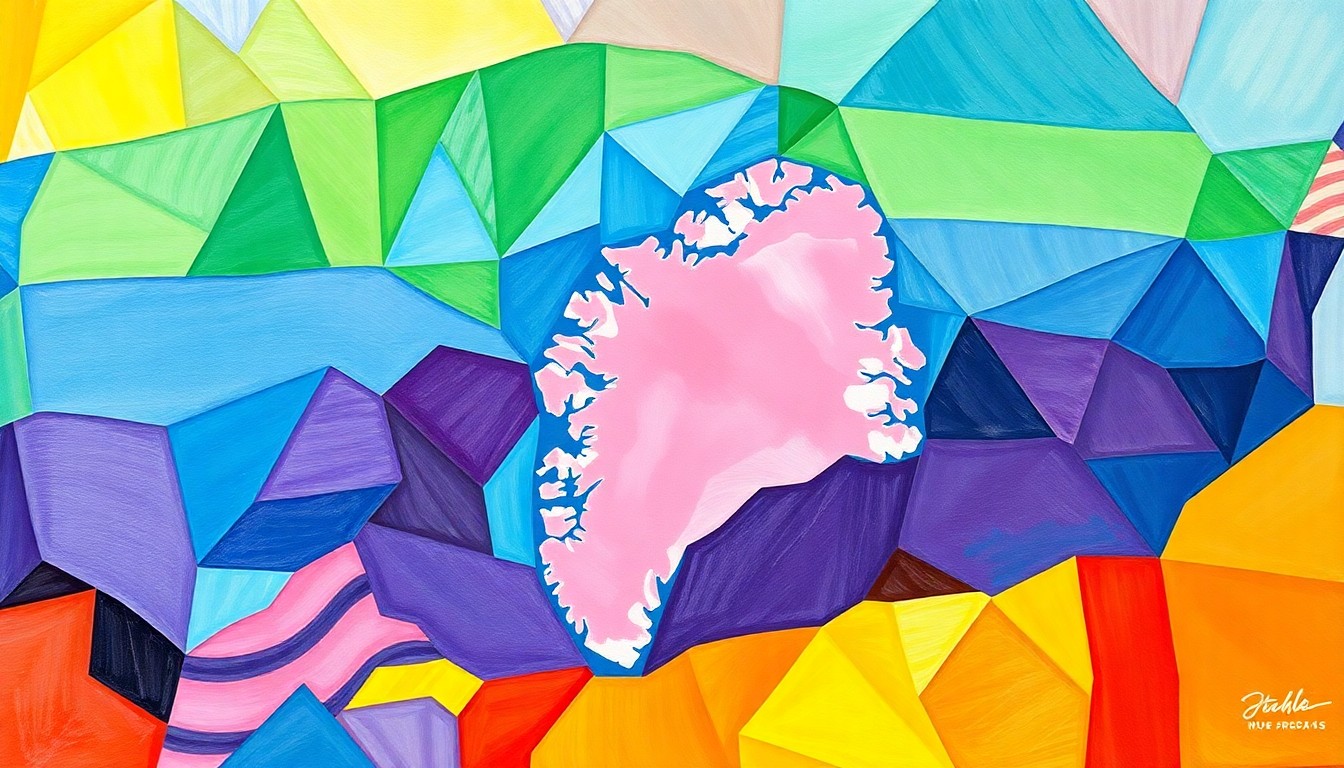 A vibrant, abstract painting in overlapping geometric shapes and brushstrokes of blues, greens, and whites, conceptually representing the complex political tensions surrounding Trump's proposal to annex Greenland.