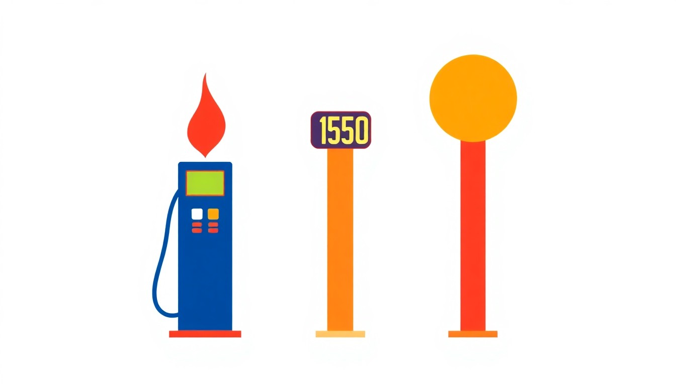 An abstract illustration featuring bold, geometric shapes in shades of red, blue, and yellow, conceptually representing the rising cost of gas and its economic implications for the local community.