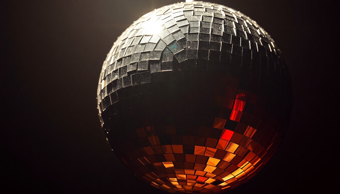 An abstract close-up photograph of a cracked, glittering disco ball in high-contrast studio lighting, conveying the fading glory of unsung rock icons.