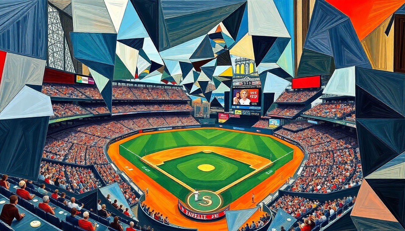A cubist-inspired painting depicting a Diamondbacks baseball game broken down into sharp, overlapping geometric shapes and planes, conceptually representing the obstruction of the fans' view by the new stadium ribbon boards.