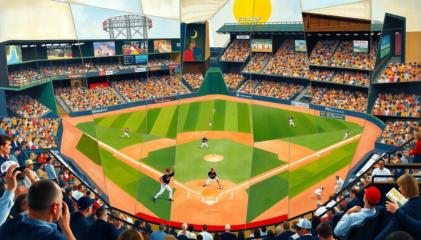 A fragmented, geometric painting depicting the dynamic motion of a baseball game, with players and the field abstracted into sharp, overlapping planes of color and shape, conveying the pioneering spirit and lasting impact of Ron Teasley's barrier-breaking career.