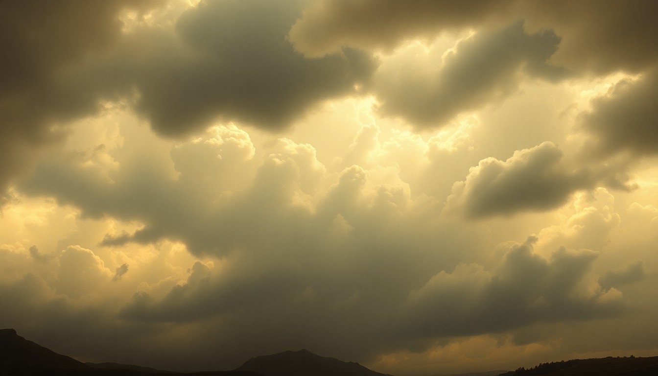 A sweeping, atmospheric landscape painting in muted tones of gray, blue, and green, depicting a dramatic, cloudy sky with a distant, silhouetted mountain range. The scene conveys a sense of the overwhelming, sublime power of nature, with any physical structures or objects dwarfed by the scale of the weather.