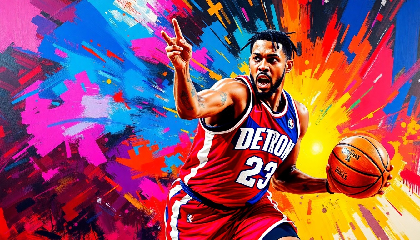 An abstract, energetic painting in neon colors depicting a basketball player in mid-jump, conveying the intensity and excitement of the Detroit Pistons' division title victory.