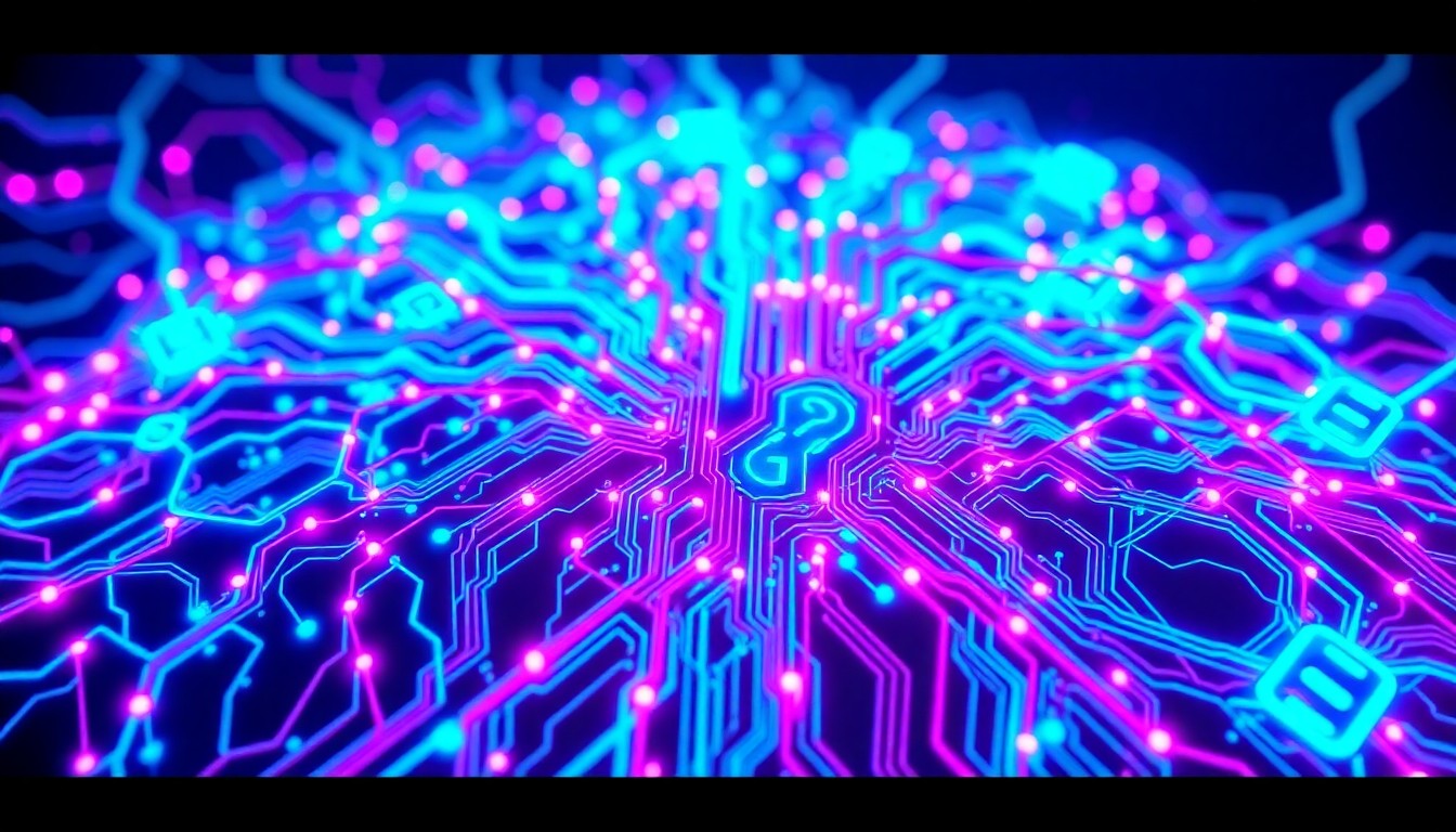 A highly detailed, glowing 3D illustration of a complex network of interconnected circuits, wires, and data streams in shades of neon blue, purple, and magenta, conceptually representing the underlying infrastructure and power of generative AI technology.