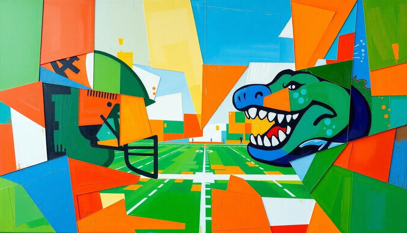 A fractured, cubist-style painting depicting the energy and intensity of a college football recruiting battle, with sharp geometric shapes and planes in vibrant shades of orange, green, and blue.