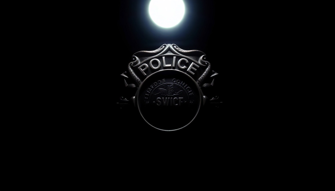 An extreme close-up photograph of a police badge or insignia, dramatically lit by a harsh, direct camera flash against a pitch-black background, conveying a sense of authority, investigation, and change.