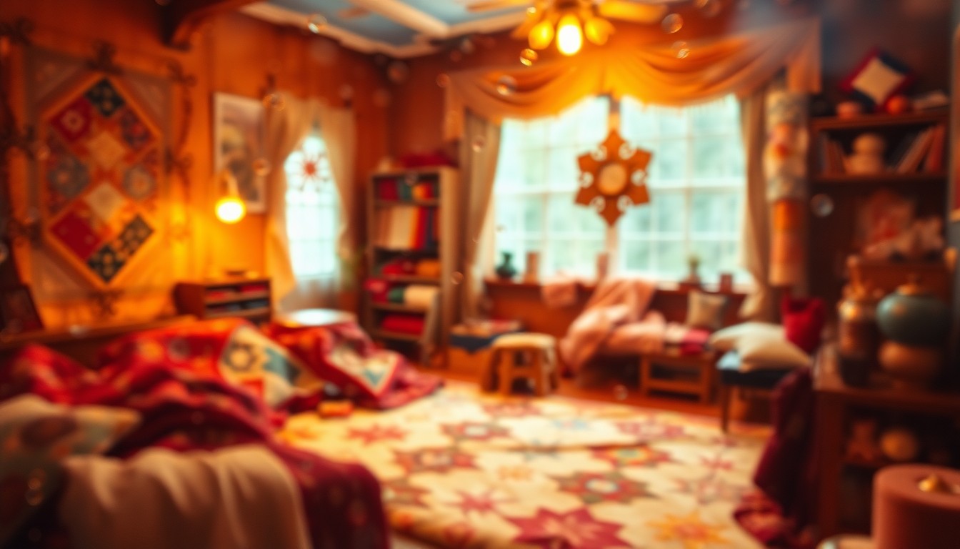 An abstract, impressionistic scene of blurred quilting supplies and fabrics in warm, soft focus, conveying the cozy, creative atmosphere of a quilting workshop.