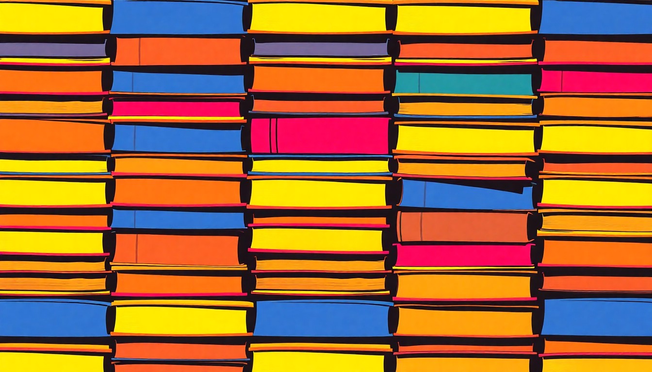 A vibrant, high-contrast silkscreen print of a stack of school textbooks repeated in a grid, capturing the energy and creativity of the Oxford School District's State of the Schools event.