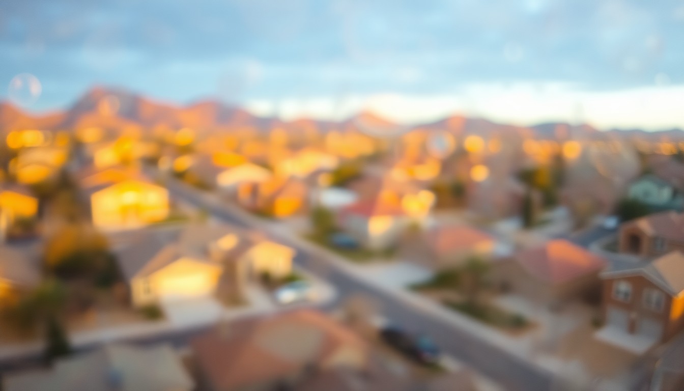 An abstract, impressionistic scene of blurred, colorful shapes and lights, conceptually representing the residential neighborhoods and homes of Gilbert, Arizona.